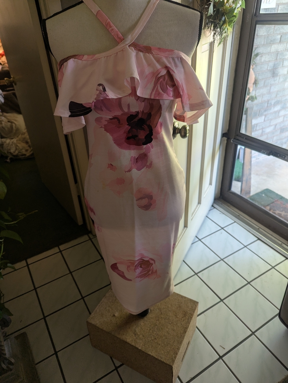 Pink Floral Ruffle Midi Dress with Cross Back Straps